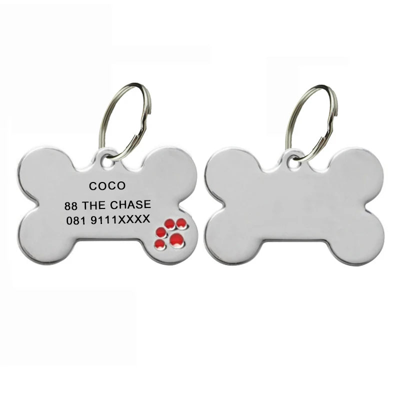 Red — engraved bone tag with red paw print