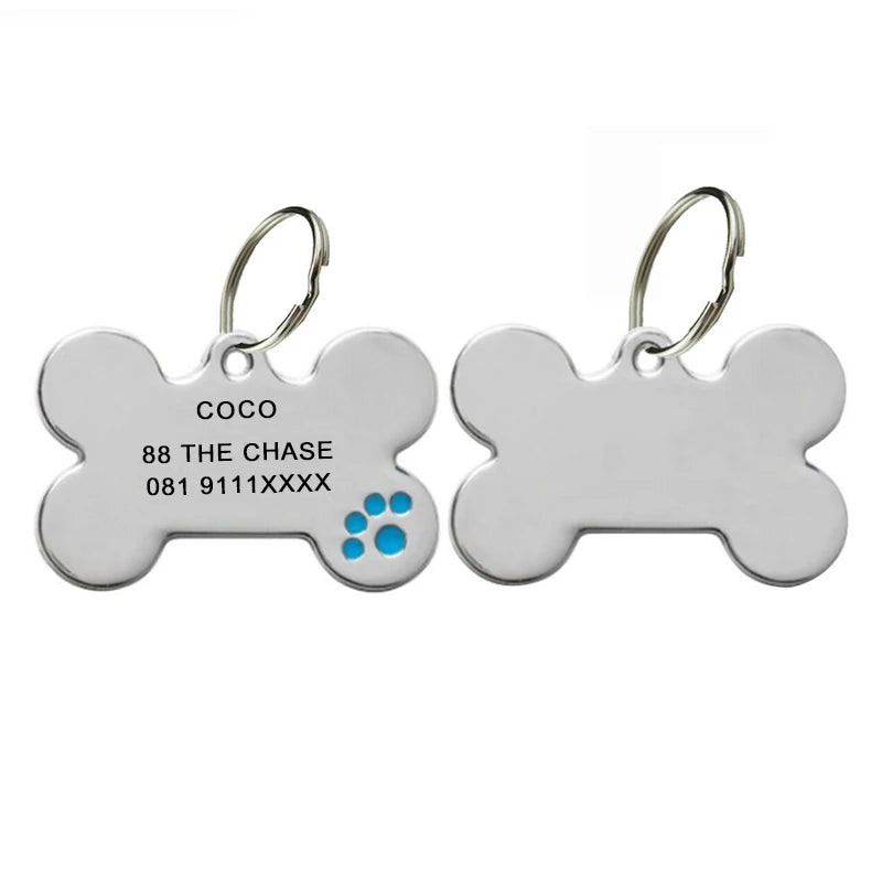 Blue — engraved bone tag with blue paw print