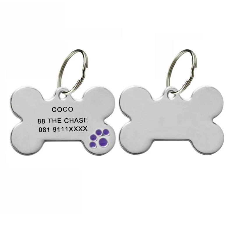 Purple — engraved bone tag with purple paw print