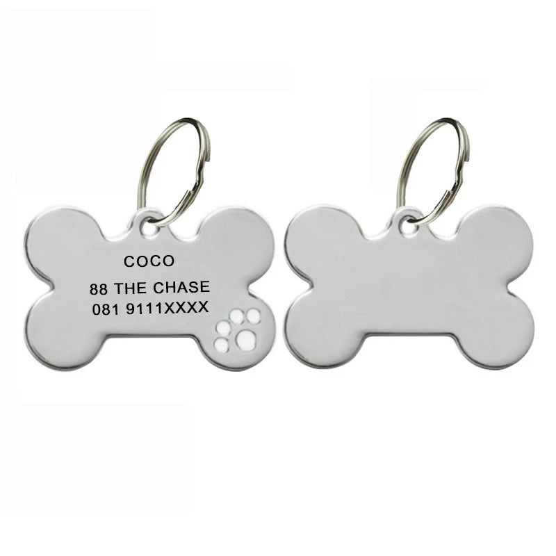 White — engraved bone tag with white paw print