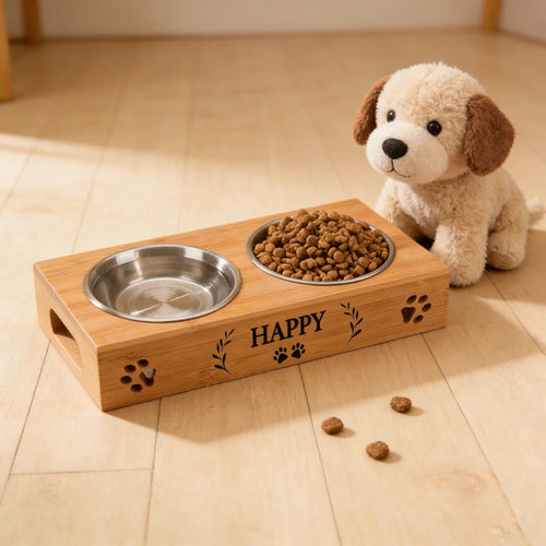The Collarly Custom Feeder — Engraved Bamboo Double Bowl