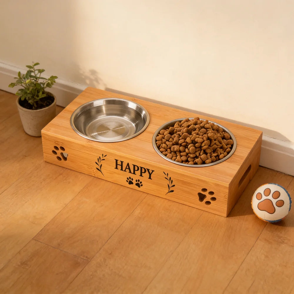 The Collarly Custom Feeder — Engraved Bamboo Double Bowl