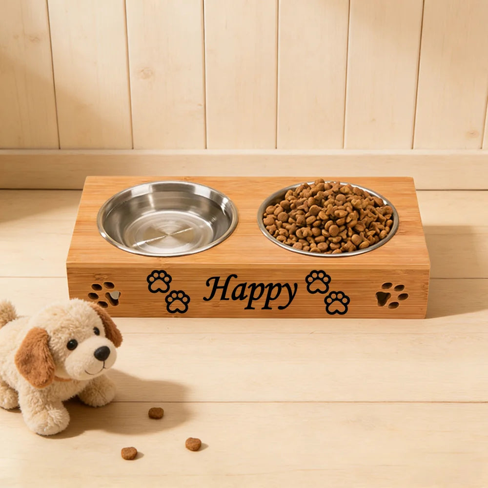 The Collarly Custom Feeder — Engraved Bamboo Double Bowl